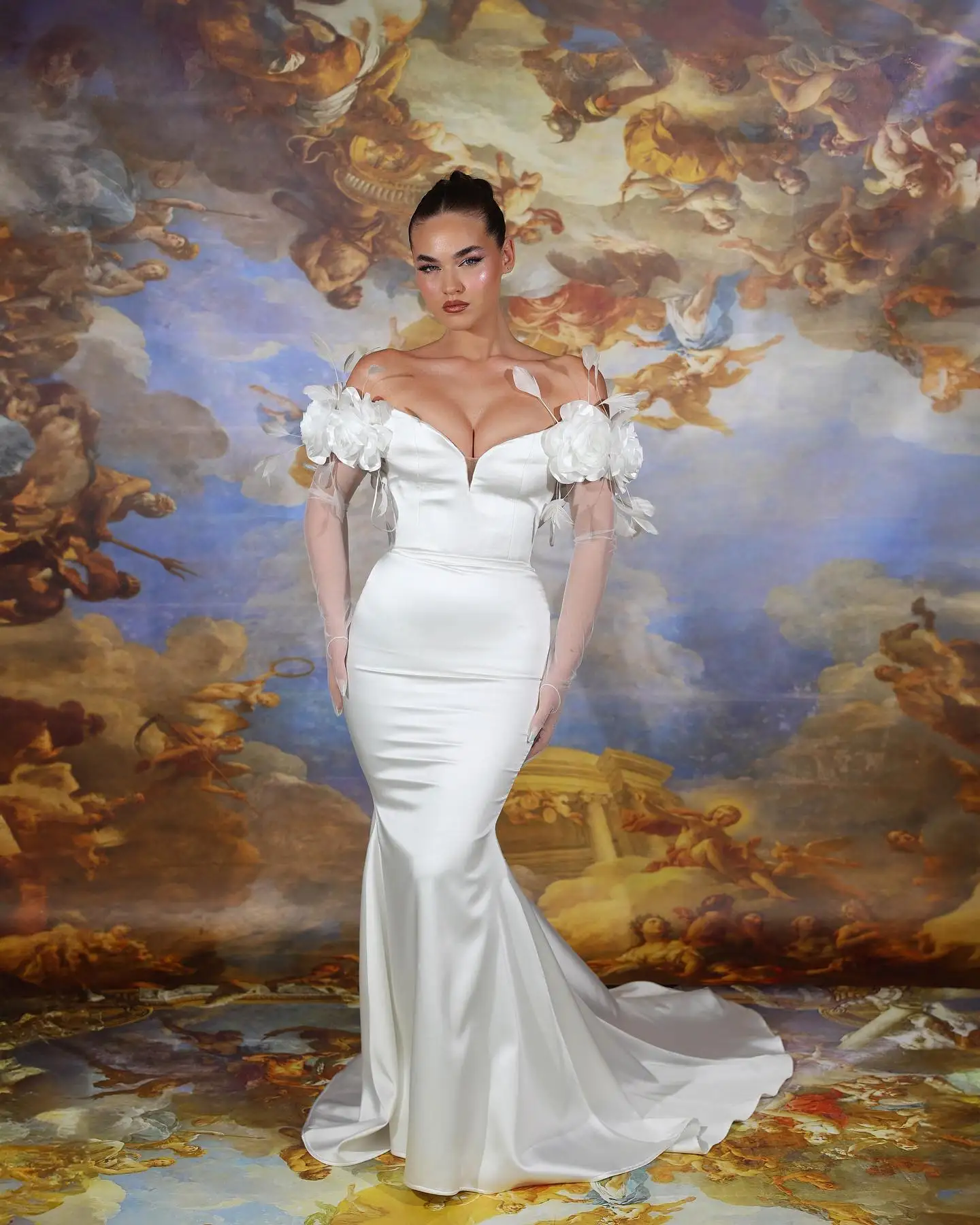 

Customized Sparkly Satin Mermaid Off The Shoulder Feathers And Flowers Evening Dresses Strapless Panel Train Lace Up B