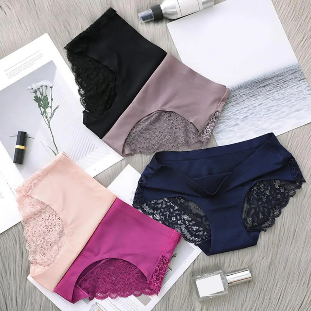 Sexy Lace Nylon Cotton Crotch Panties Seamless Women Underwear Silky Invisible Hipster Briefs Lace Satin Cotton Panties 90%