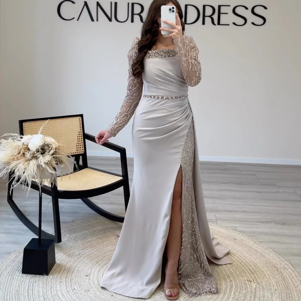 

Elegant Square Collar Trumpet Women Evening Dresses 2024 Long Sleeves High Split Satin Beaded Wedding Guest Formal Party Gowns