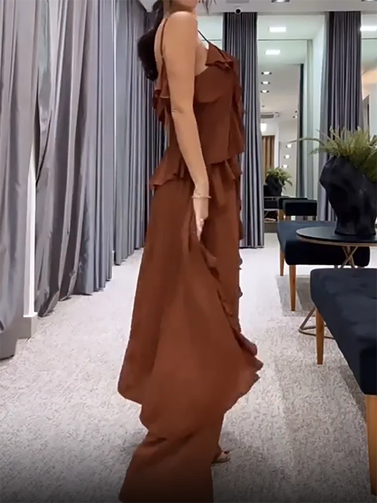 Set da due pezzi con top corto con cinturino per spaghetti, completo chic patchwork con stampa estiva da donna, pantaloni a gamba larga con fasciatura 2025 Abiti da donna