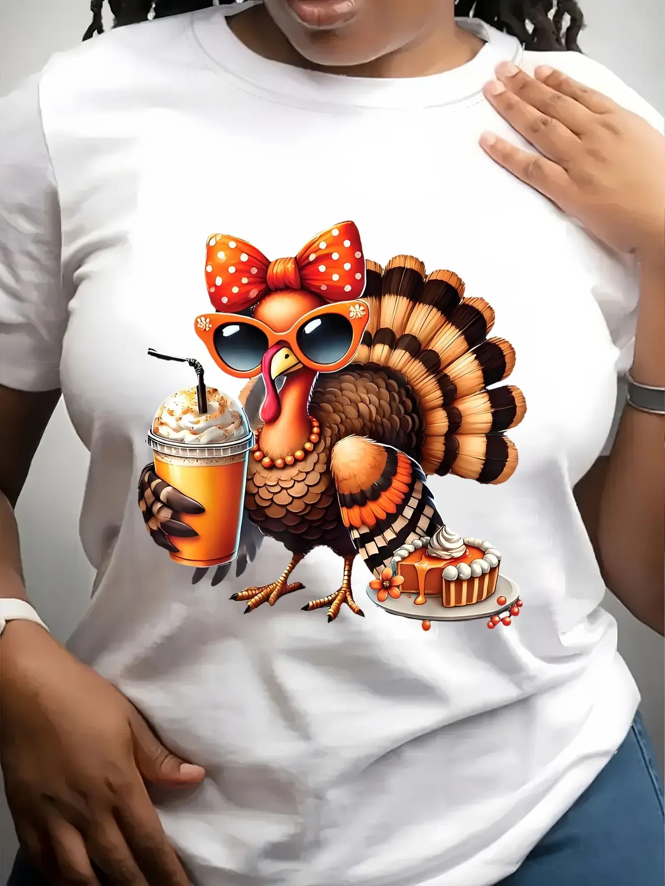 Women's Trendy Crew Neck T-Shirt Cool Turkey with Drink and Cake Suitable for Casual Sportswear