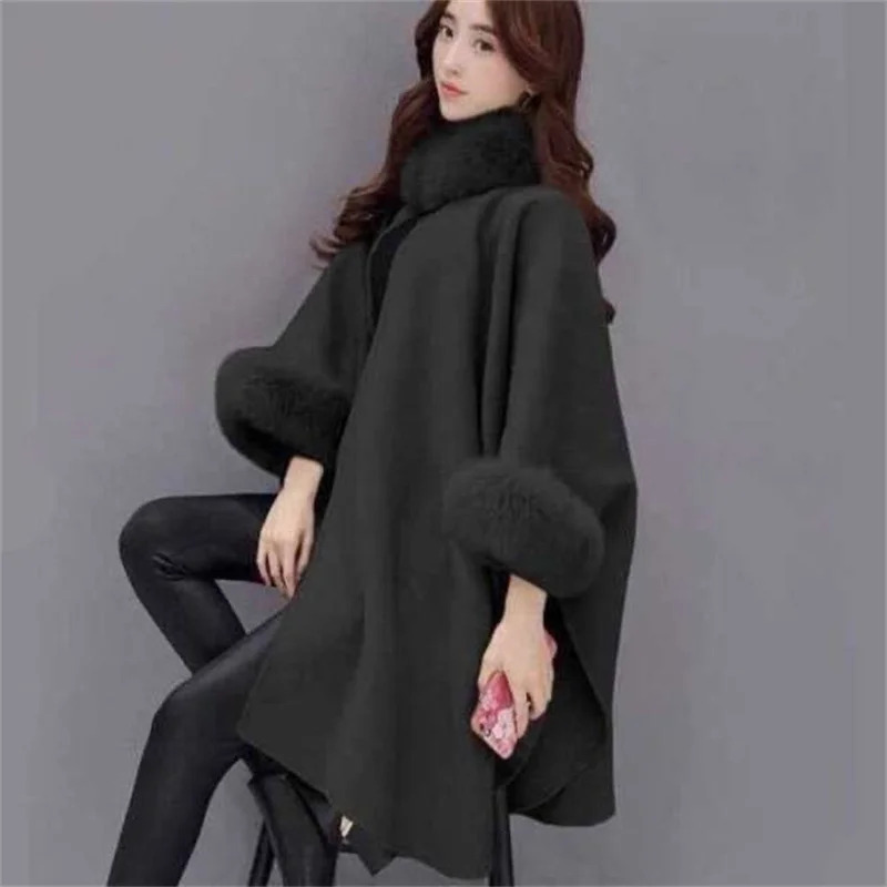 2024 Herfst Winter Nieuwe Mode Vrouwen Lange Imitatie Vos Bontkraag Wollen Jas Cape Cape Hepburn Stijl Wollen Plus-size Top