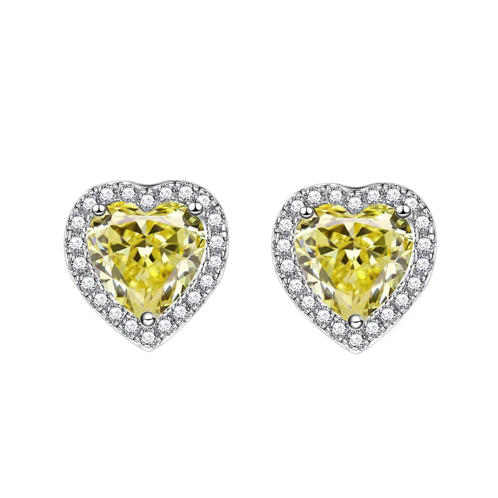 Zhenchengda New Product 6mm Yellow Diamond Love Earrings for Women 925 Pure Silver Fashion Versatile Ear Jewelry Live Wholesale