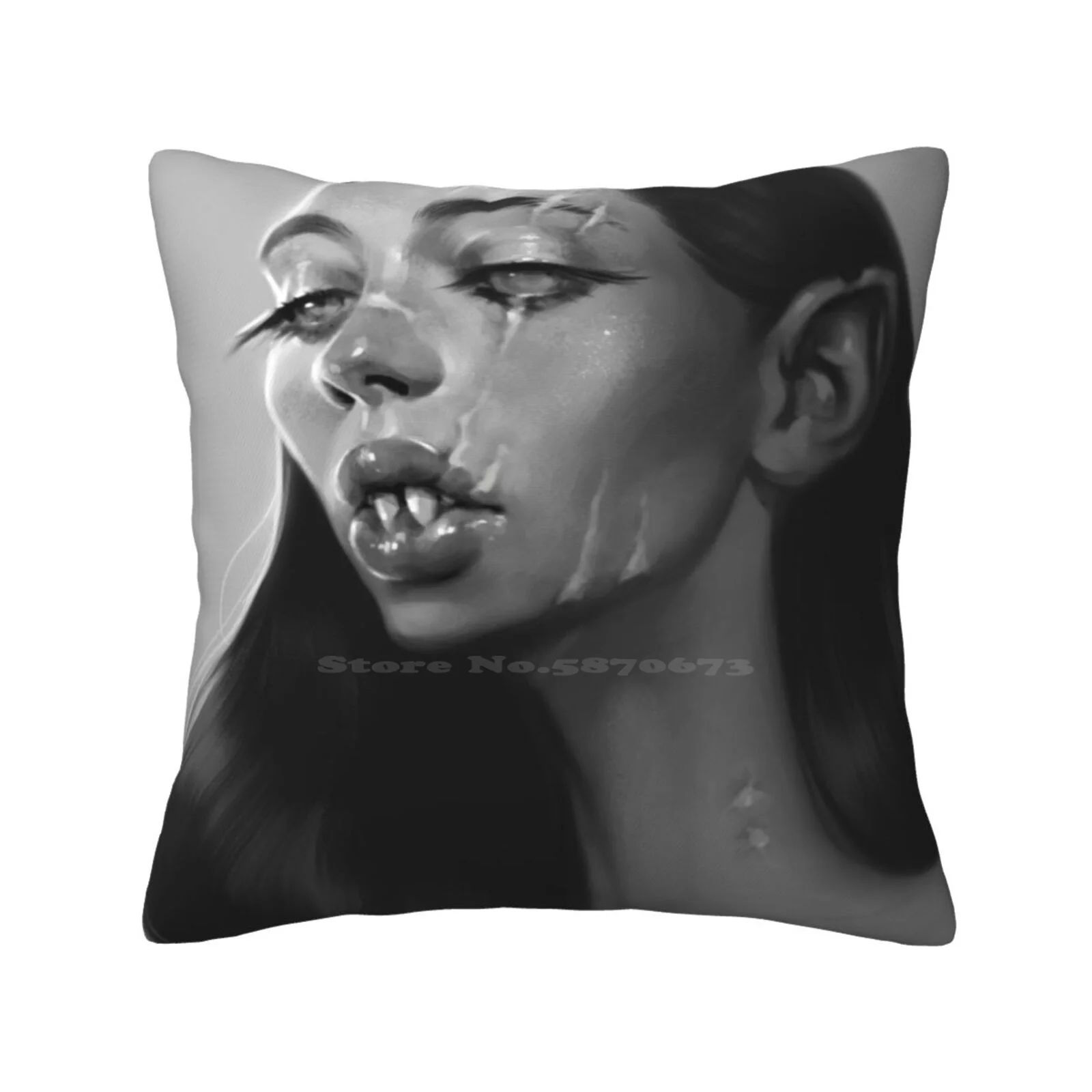 Mrs Drac Throw Cushion Pillow Cover Vampire Dracula Scars Undead Gothic Dark Portrait Woman Black And White Bw