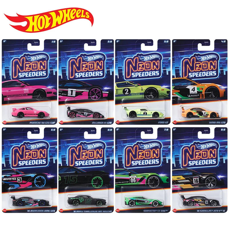 Official Hot Hot Wheels Car Neon Speeders Boys Toys 1:64 Diecast Corvette Cadillac Porsche 911 Ford GT BMW Mercedes Benz Model