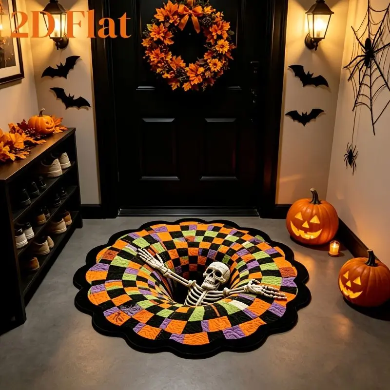 VIKAMA 3D Skeleton Halloween Round Rug Colorful Vortex Print Round Non Slip Mat For Living Room Bedroom Spooky Party Decor