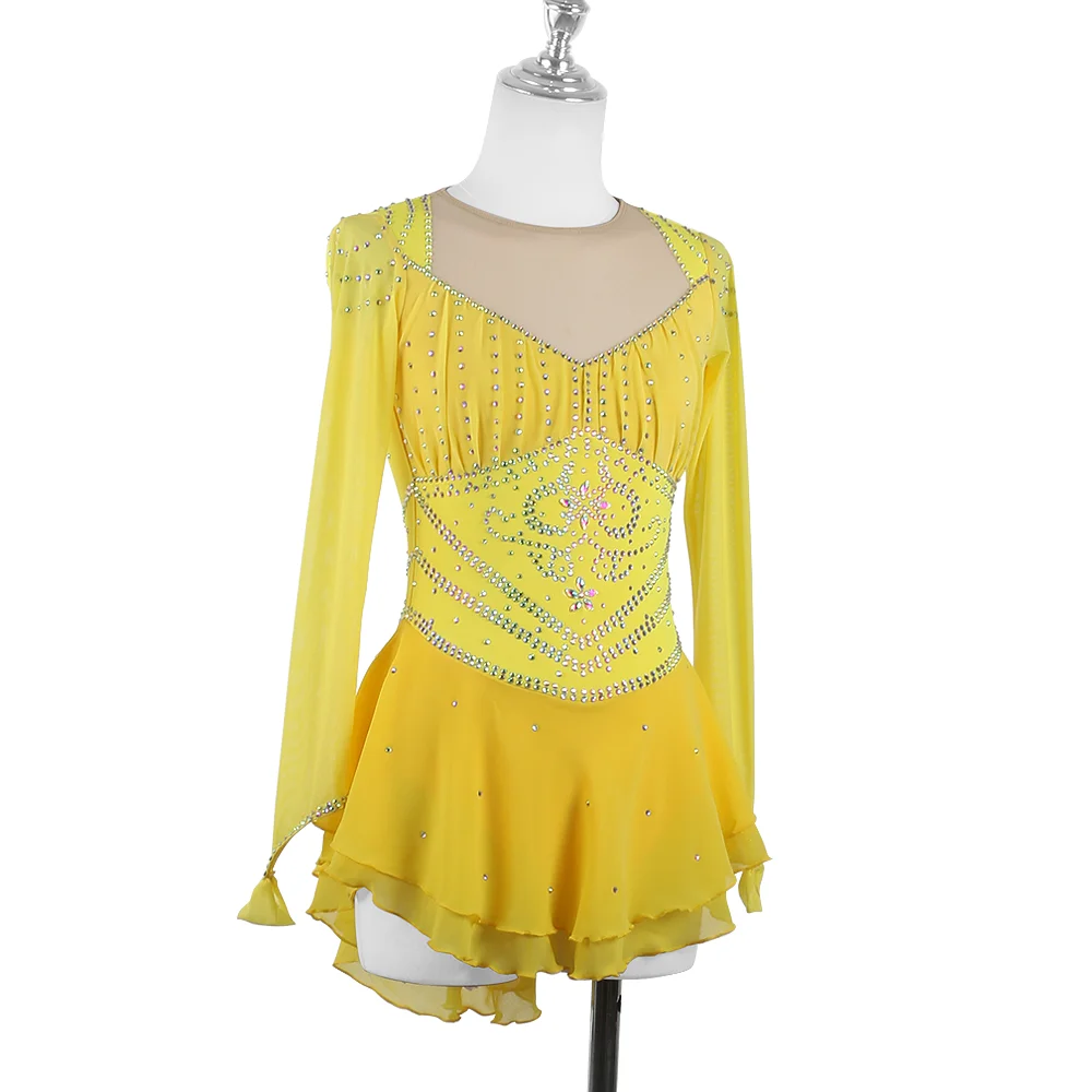 Zagitova Figure Skating Dress Women Girls Ice Skating Mesh Skirt Performance Competition Yellow