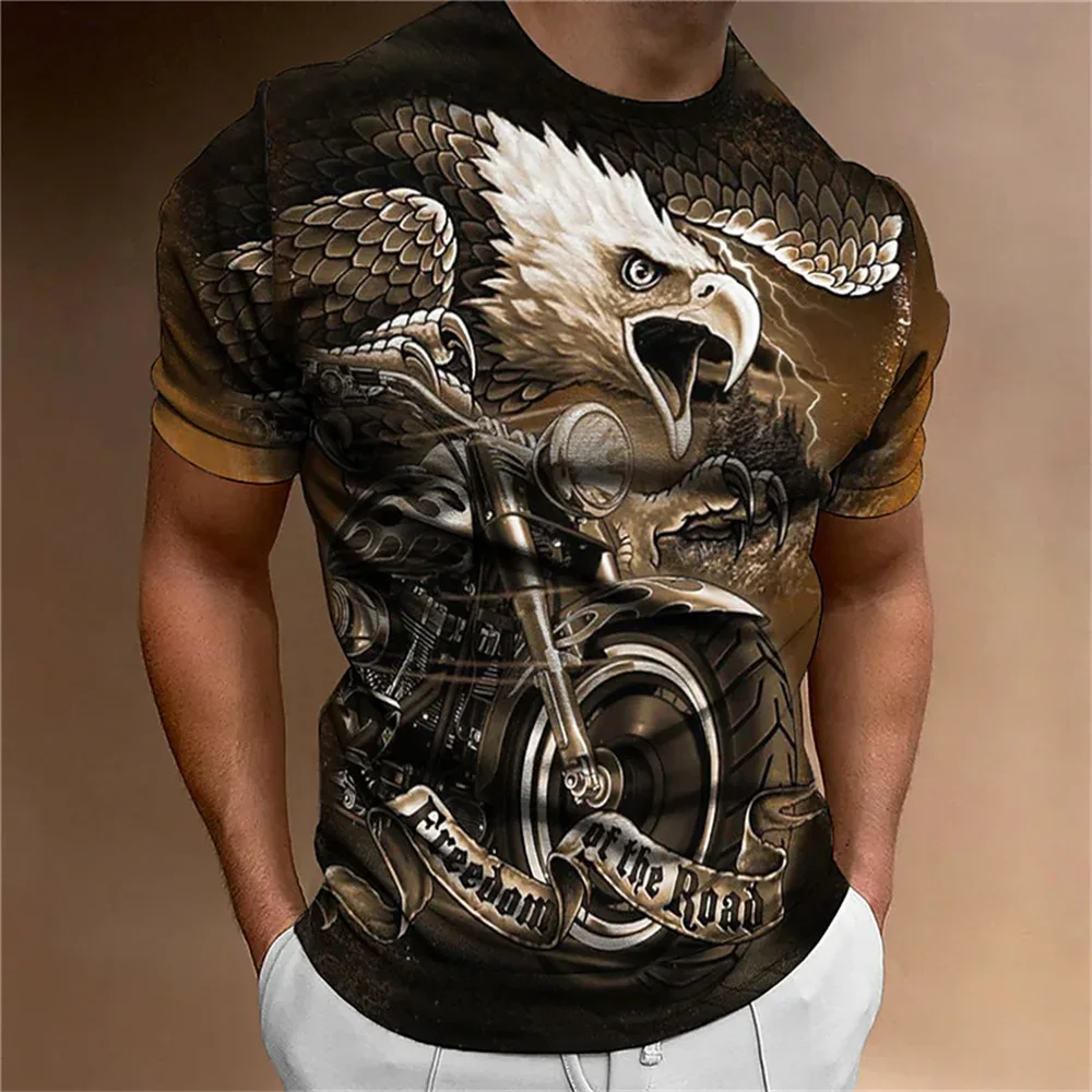 T-Shirt z grafiką z orłem w stylu Vintage dla mężczyzny lato z dekoltem w motocyklowym stylu koszula Oversized Casual krótki rękaw topy męskie bluza