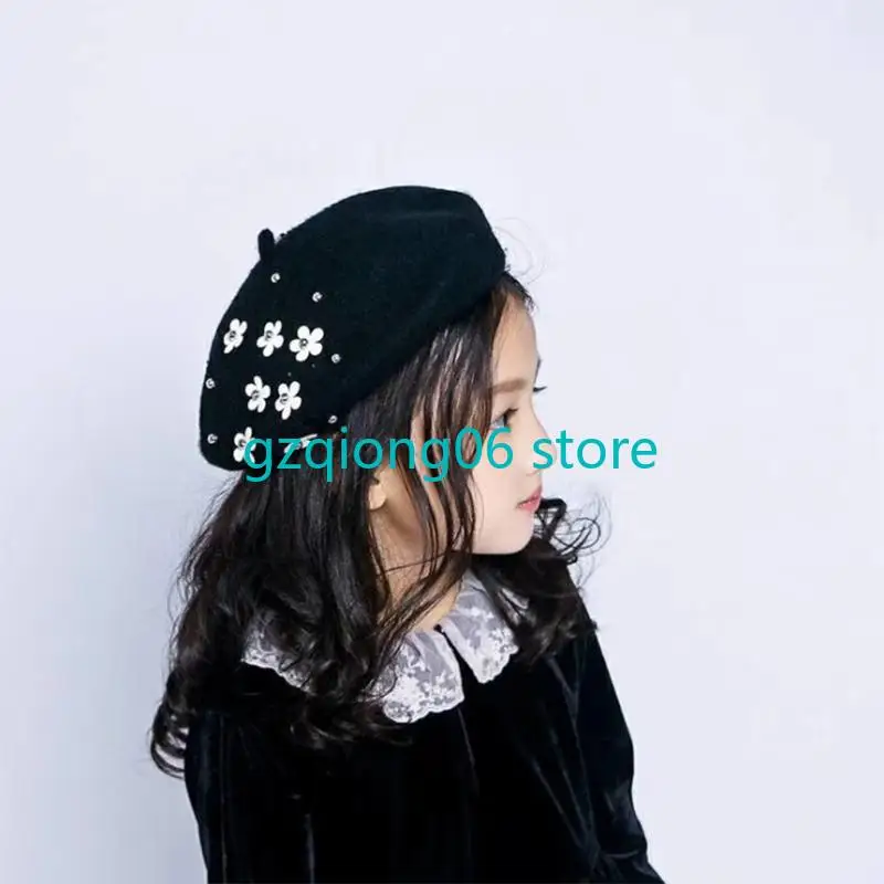 K3NF النساء فتاة اللؤلؤ زهرة قبعة لطيف الرسام قبعة قبعة صغيرة قبعة صوف أنيقة قبعة مثمنة كل مباراة ل 2-6 سنوات من العمر #3