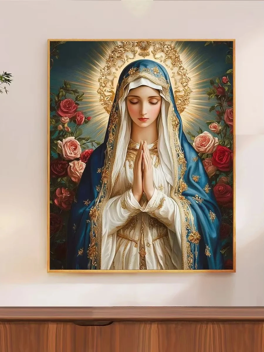 DIY Praying Holy Virgin Diamond Painting, Golden Halo Madonna With Roses For Living Room Wall Decoration Handmade Gift