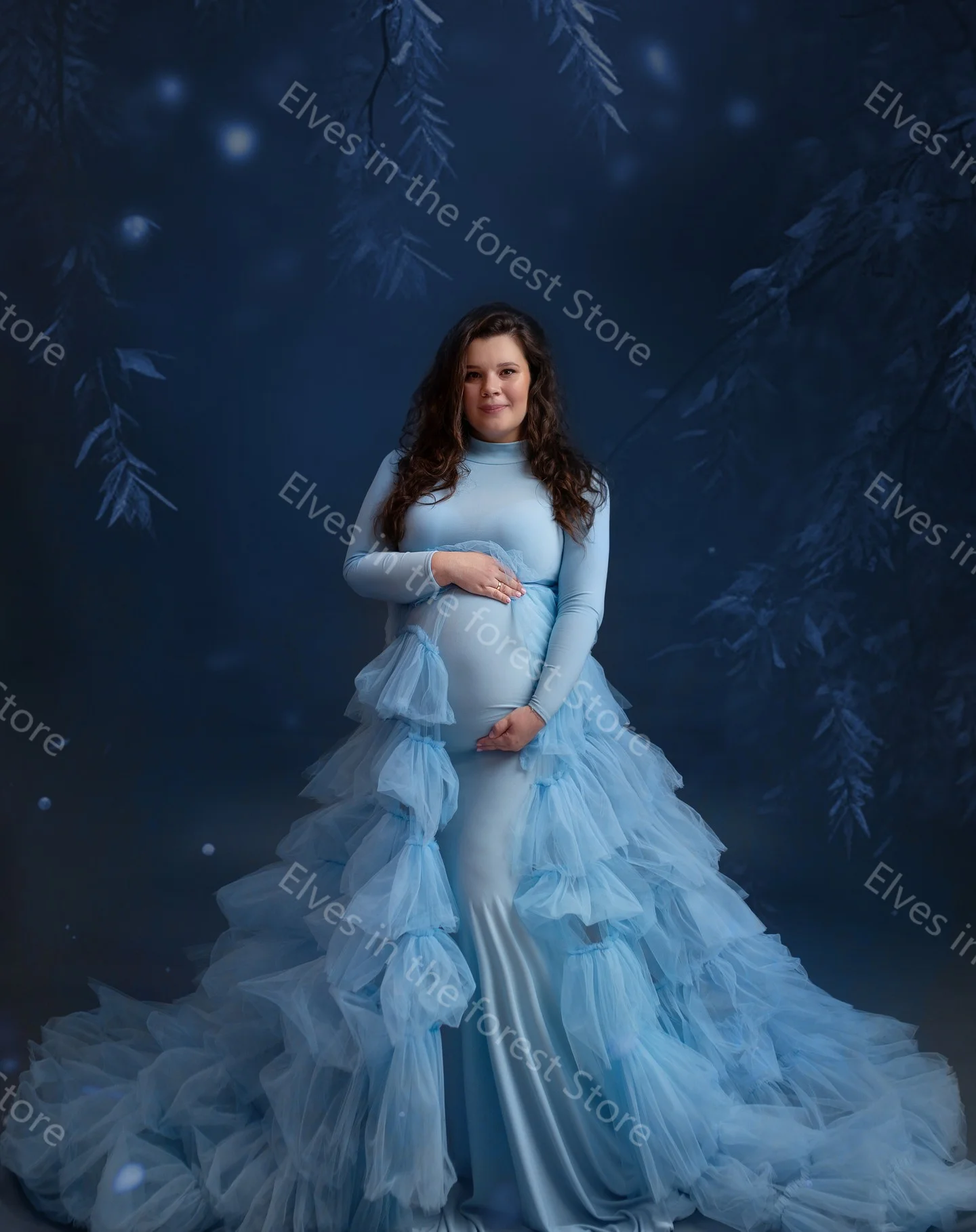 Vintage Baby Blue Evening Dresses High Neck Long Sleeves Pregnant Women Maternity Robes Charming Tiered Ruffles Babyshower Gowns