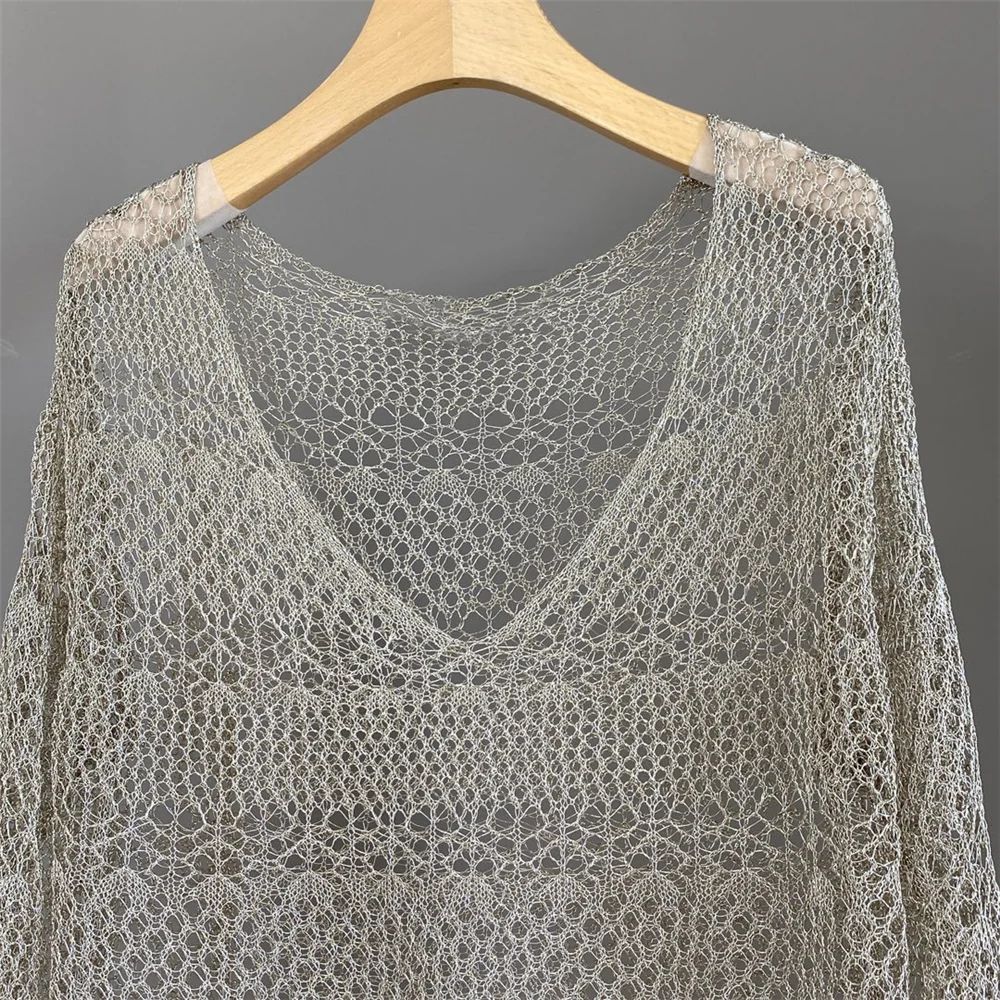 Modisches, vielseitiges, langärmliges, lässiges, hohles Strickoberteil aus Seide mit V-Ausschnitt und Leibchen für Damen