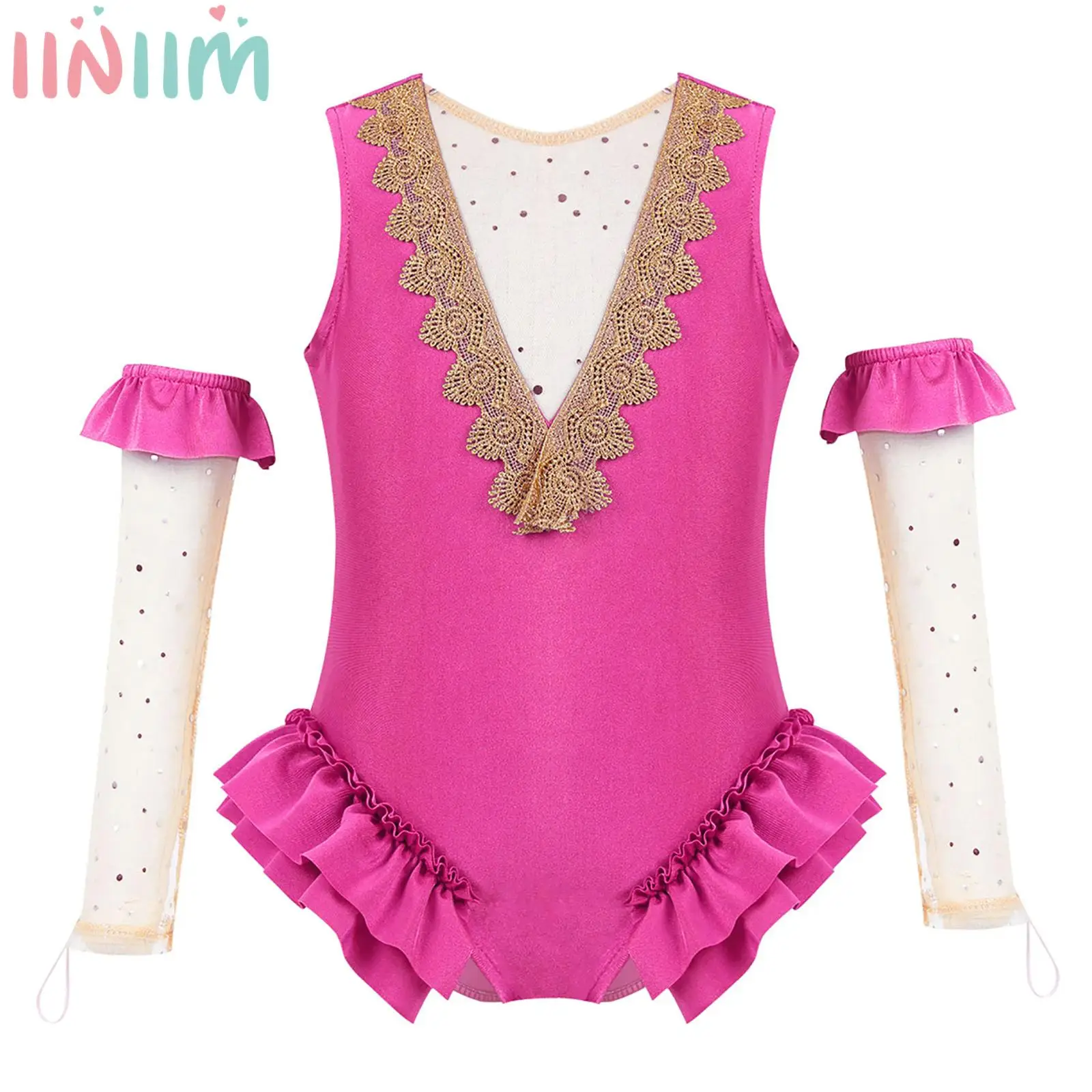 

Girls Acrobat Circus Show Costume Ruffles Tank Leotard with Gloves Kids Halloween Cosplay Party Ballet Dance Gymnastics Outfits