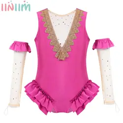 Girls Acrobat Circus Show Costume Ruffles Tank Leotard with Gloves Kids Halloween Cosplay Party Ballet Dance Gymnastics Outfits