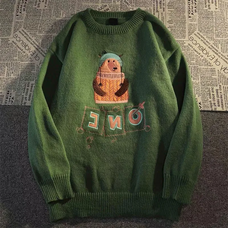 

Fall Winter Men & Women Couples O-Neck Knitted Pullovers Japanese Style Vintage Cartoon Embroidery Loose Tops Knitting Sweater