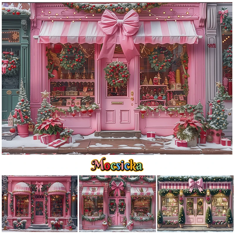 

Mocsicka Sweet Shop Xmas Backdrops Kids Girl Photography Props Child Adult Winter Christmas Pink Snowy Store Front Background