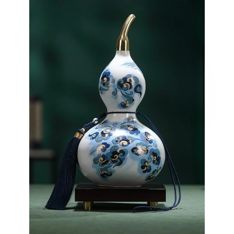 Brass blue and white gourd ornament home living room entrance office decoration