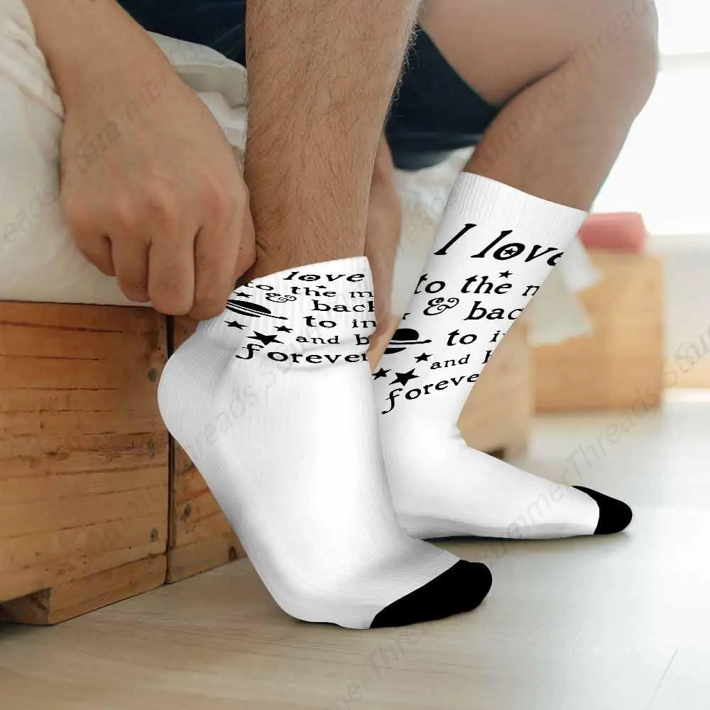 Носки I Love You to the Moon Back Athletic Crew Socks Цитаты Ручная работа Буква Doddle Design Space Planet Stars для мужчин и женщин16'