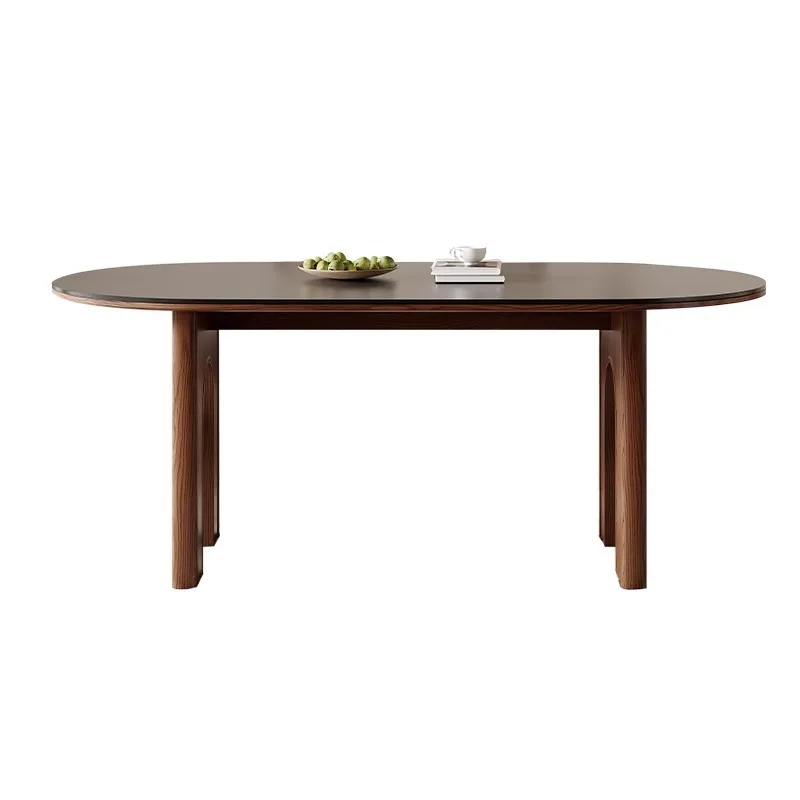 

French antique dining table rock slab high-end black 2024 new household ash wood oval arch dining table