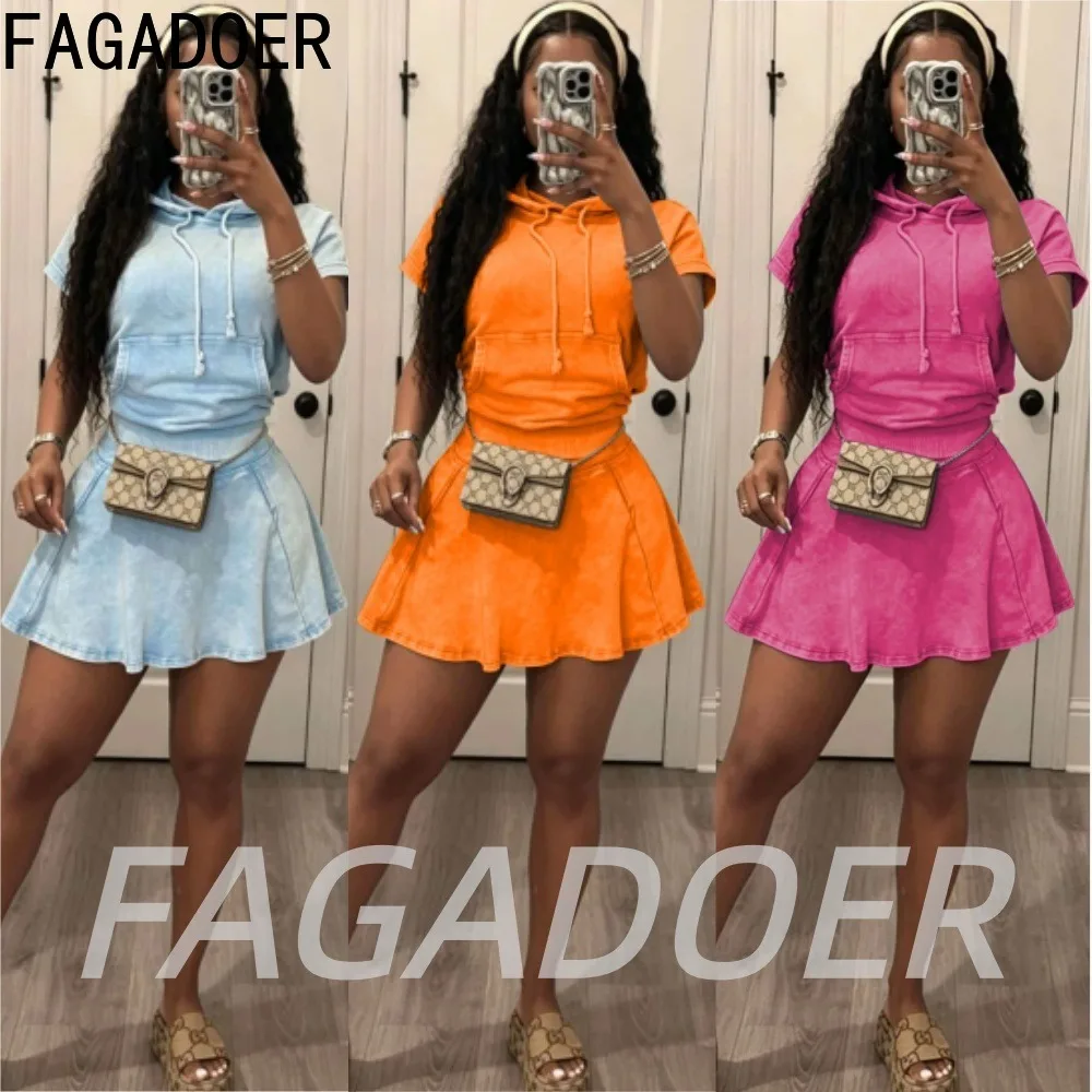 

FAGADOER Fashion Quality Washing Fabric Mini Skirt 2 Piece Sets Women Casual Pocket Hooded Top and Loose Skirt Outfits New 2026
