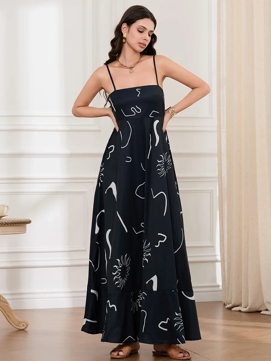 Frauen Slip Kleid Spaghetti Strap Floral Print Flowy Gefaltete Lange Kleid Sommer Böhmischen Casual Lose Sommerkleid