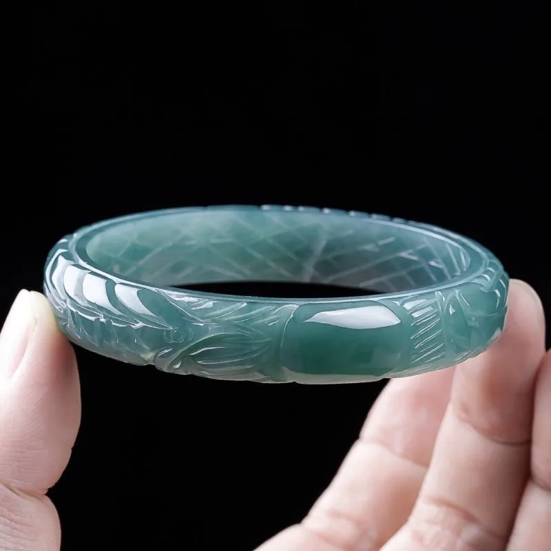 

Natural A-Grade Carved Jadeite Bangle Intricate Dragon Phoenix Pattern Ice Type Texture Unique 3D Jewelry Premium Women's Gift