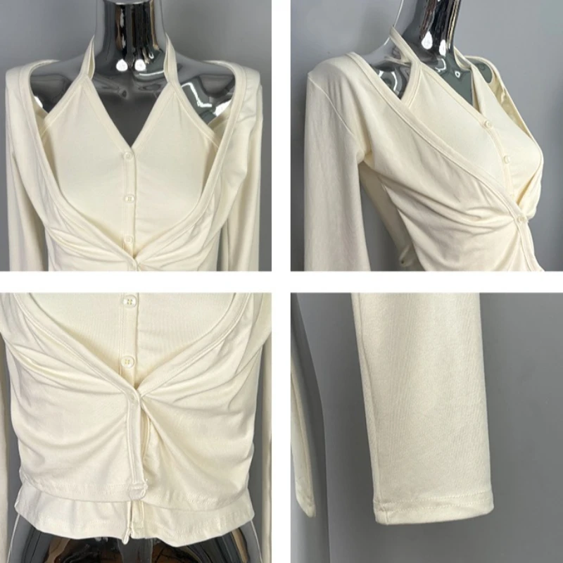 Korean Dongdaemun Halter Neck Long Sleeve T-Shirt Sexy Hottie Slim Fit Versatile Elegant Women's Top Spring New Solid Knit Tees