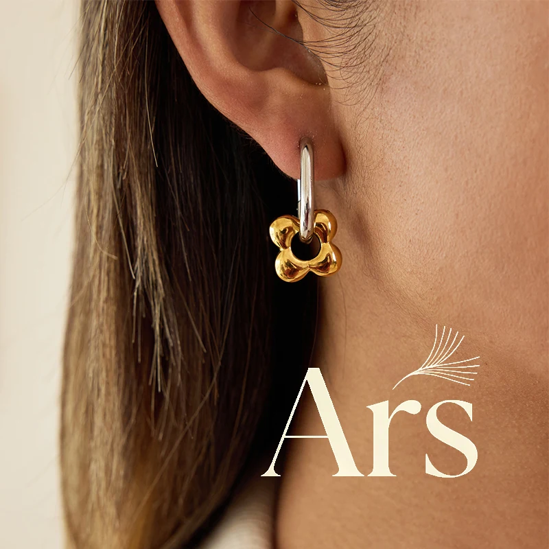 Ars Two Tone Stainless Steel Flower Dangle Earrings 18k Gold Plated Hoop Huggie Earring Minimalist Earrings Female Jewelry Gifts