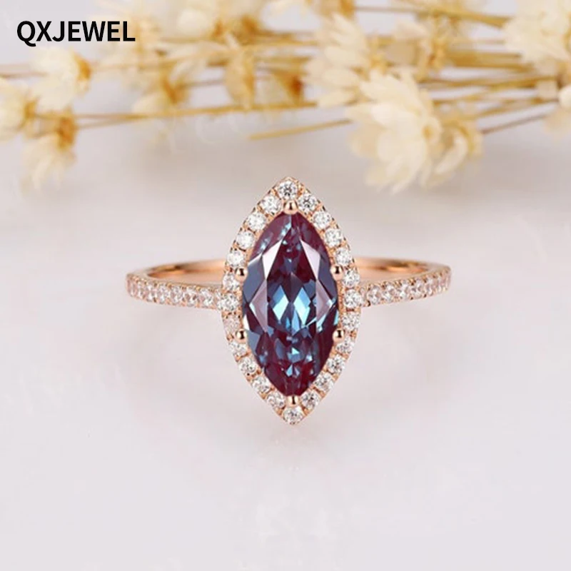 QXJEWEL Vintage 1CT Halo Marquise Cut Gemstone Rings 14K Soild Gold Opal Moss Agate Alexandrite Sapphire for Anniversary Gift