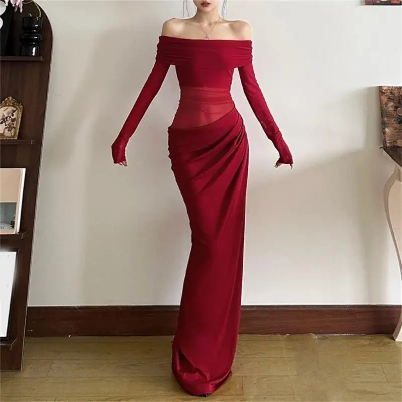 Langarm der Frauen von Schultergeräte mit bloßem Mesh Maxi -Kleid für Abendparty