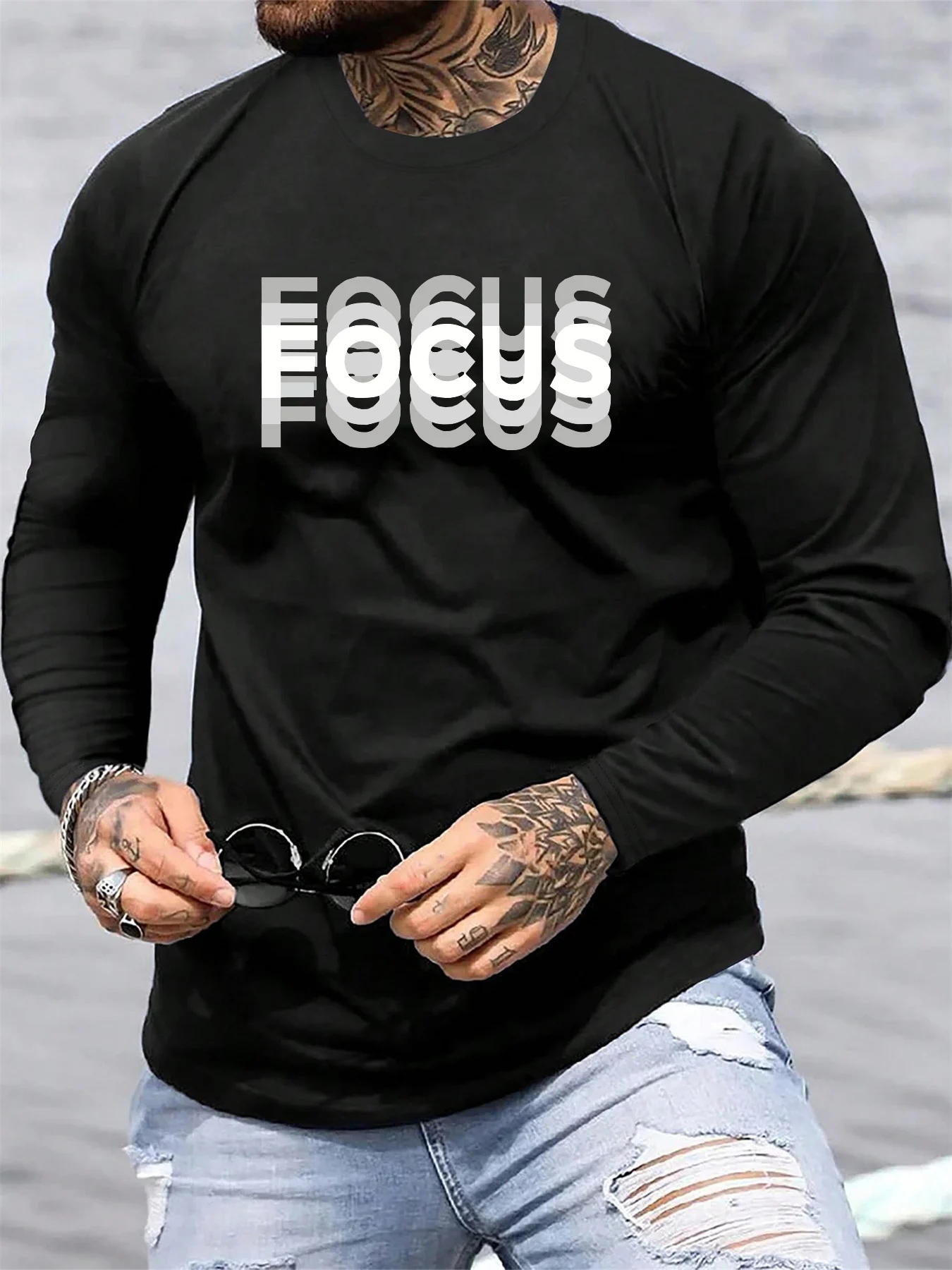 100% pure cotton men's long sleeved round neck loose casual 