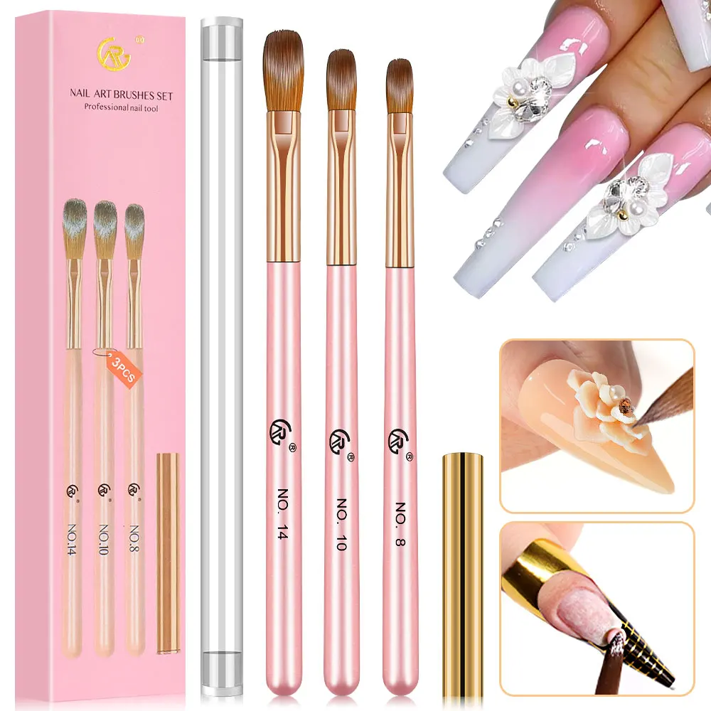 Brosse acrylique pour ongles, manche rose, brosse professionnelle pour poudre de cristal, gravure étendue, outil de bricolage, 3 pièces