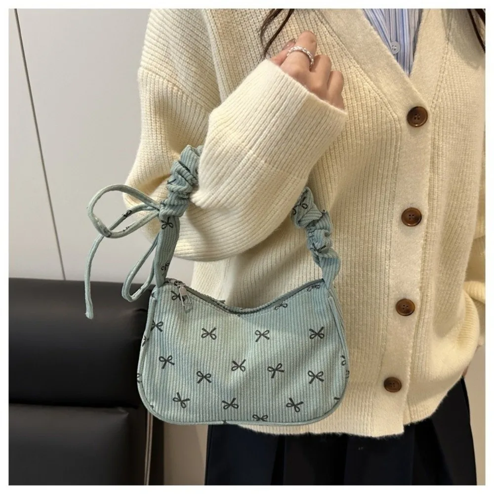 

Casual Corduroy Underarm Bag Cute Bowknot Large Capacity Shoulder Bag Lightweight Tote Handbag Women Mini Small Clutch Bag