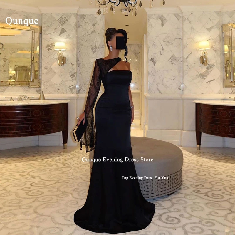 فساتين Qunque بكتف واحد وأكمام من الدانتيل للحفلات الراقصة باللون الأسود حورية البحر فساتين سهرة من Vestidos De Gala Festasin للمناسبات ا