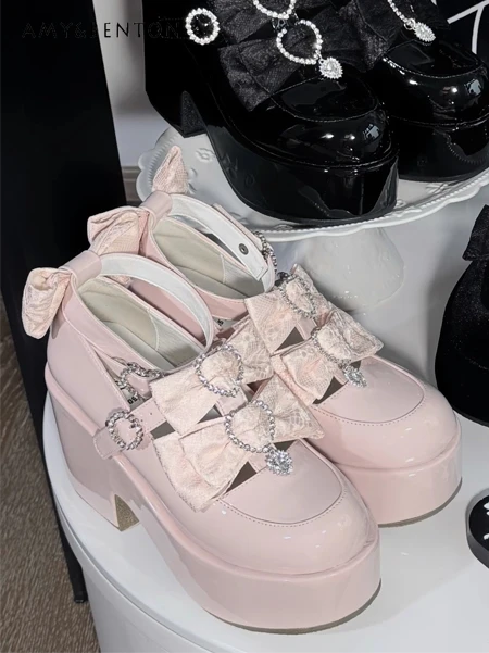

Subculture Sweet Beaded Rhinestone Bow Mary Jane Shoes Landmine Series Mass-Produced Japanese Style Elegant Lolita Single Shoes