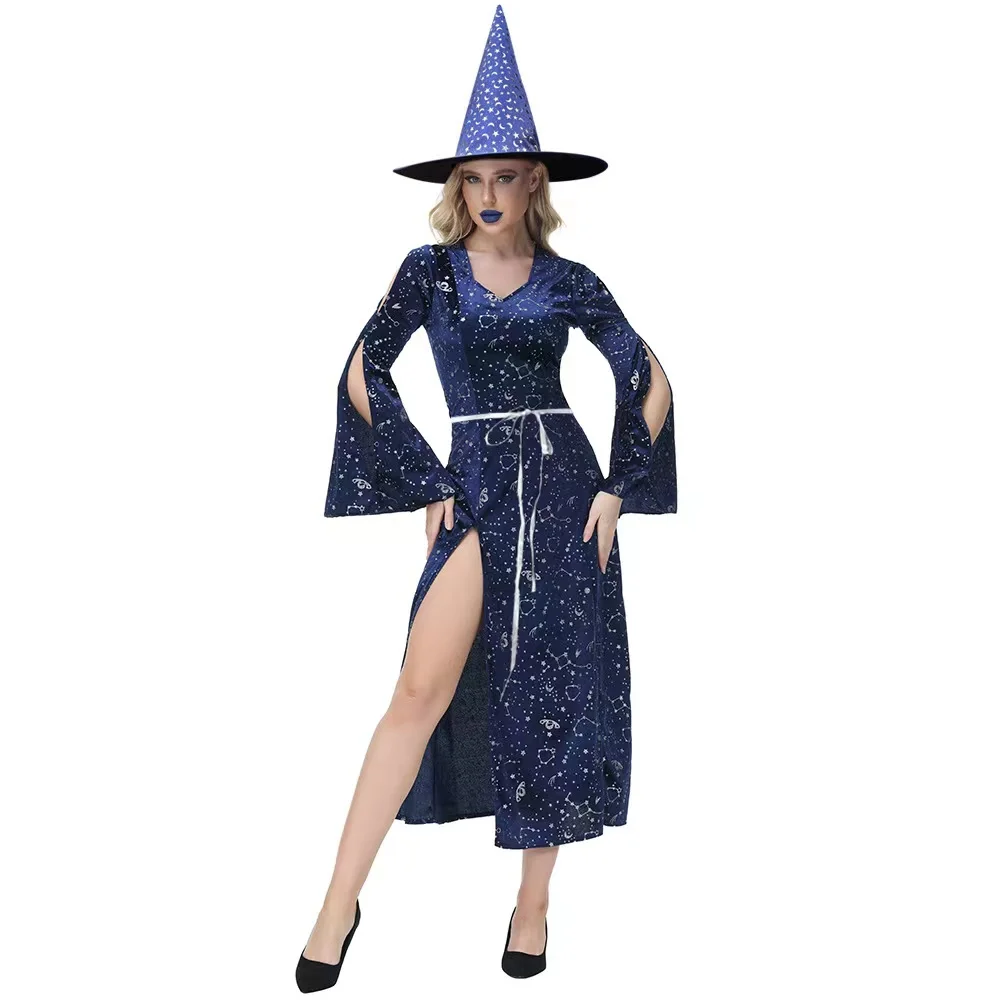 Lua azul estrelas imprimir gótico mulher halloween augur trajes feminino bruxa feiticeira cosplay carnaval purim role play vestido de festa