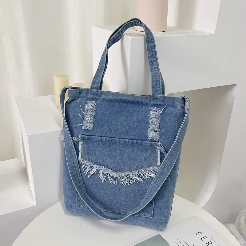 Literature and Art Campus Denim Shoulder Bag Versatile Commuter Student Carrying Book Bag Ins Shoulder Messenger Tote Bag