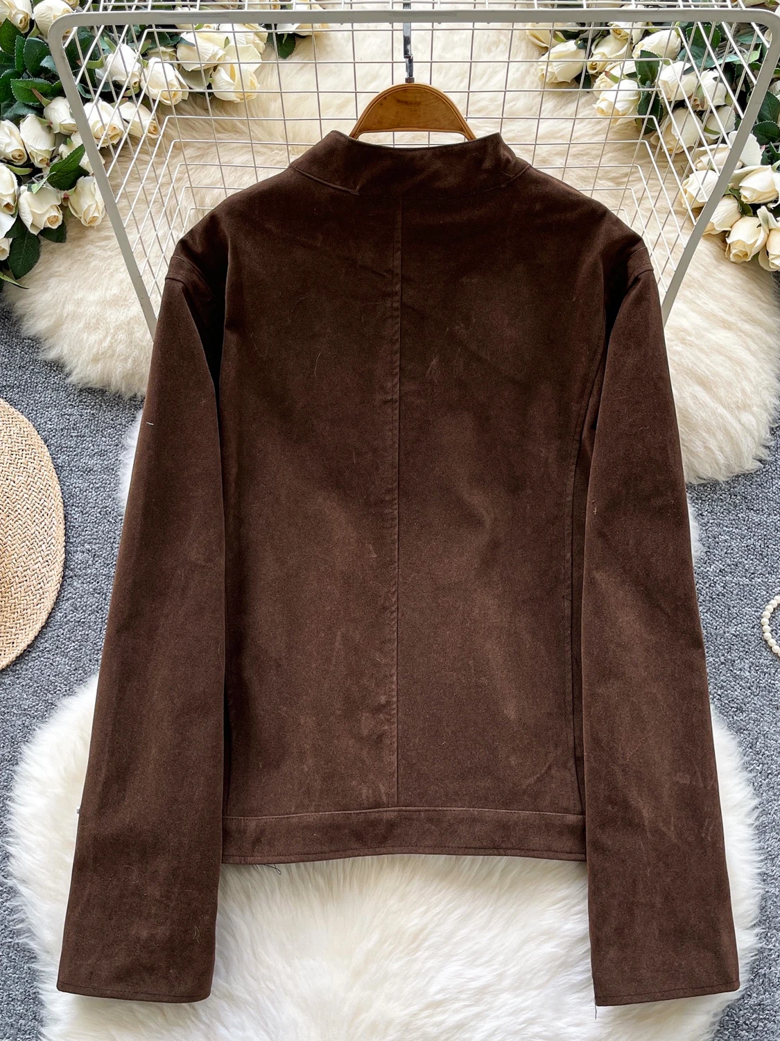 

Mellor Premium Feel Button up Stand Collar Deer Skin Velvet Jaet Women's Loose Casual Versatile Motorcycle ort Top