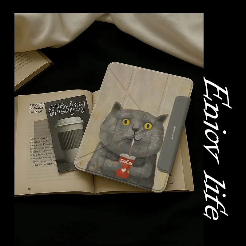 Cute Cat Drinking CokeMagnetic Buckle 720° Magnetic Ring Tablet Case For iPad Pro12.9 13 M4 M5case8.3 9.7 10.2 7th-11th Air8