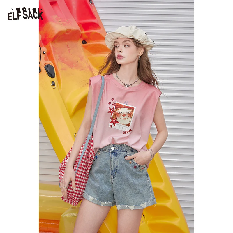 ELFSACK 2024 Summer New Arrivals Pink gradient sleeveless T-shirt with open back design for women's top