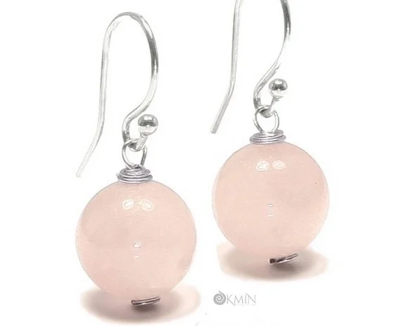 Rose Quartz Short Earrings Dangle with Sterling Silver by Handmade Romantic Crystal Healing Jewellery Gift Idea