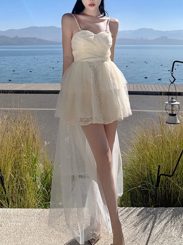 

Korean Spaghetti Strap Womens Dresses Sweet Chic Off Shoulder Birthday Party Dress Summer Spring Holiday Casual A-Line Vestidos