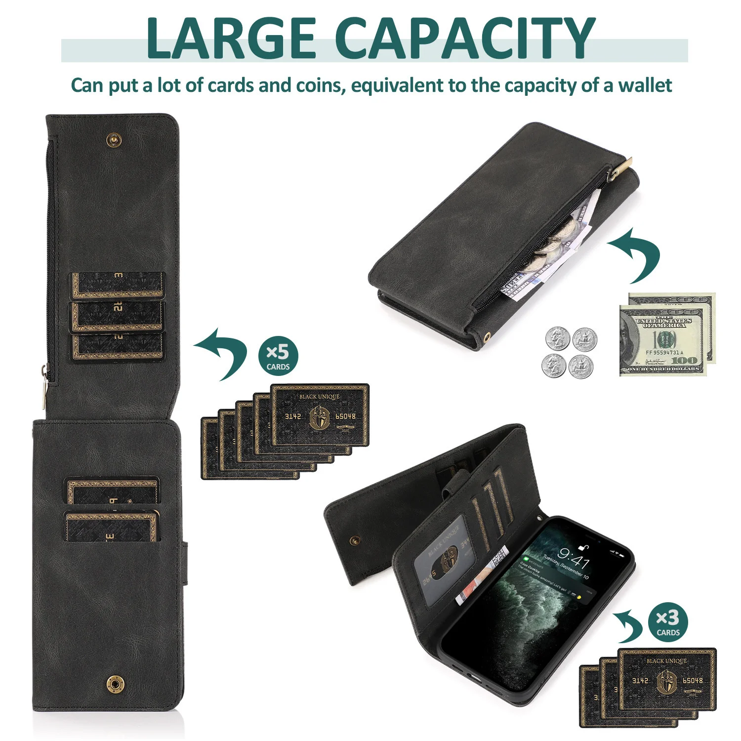 Luxury Case for iPhone 17 16 15 14 13 12 Mini 11 Pro X XS Max XR PLUS Air Wallet Leather Cards Holder Stand Flip Phone Bags