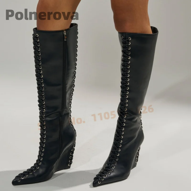 Lace Up Wedges Knee High Boots for Women Black Leather Pointed Toe Side Zipper Boots Sexy Cross Tied High Heels Autumn Shoes