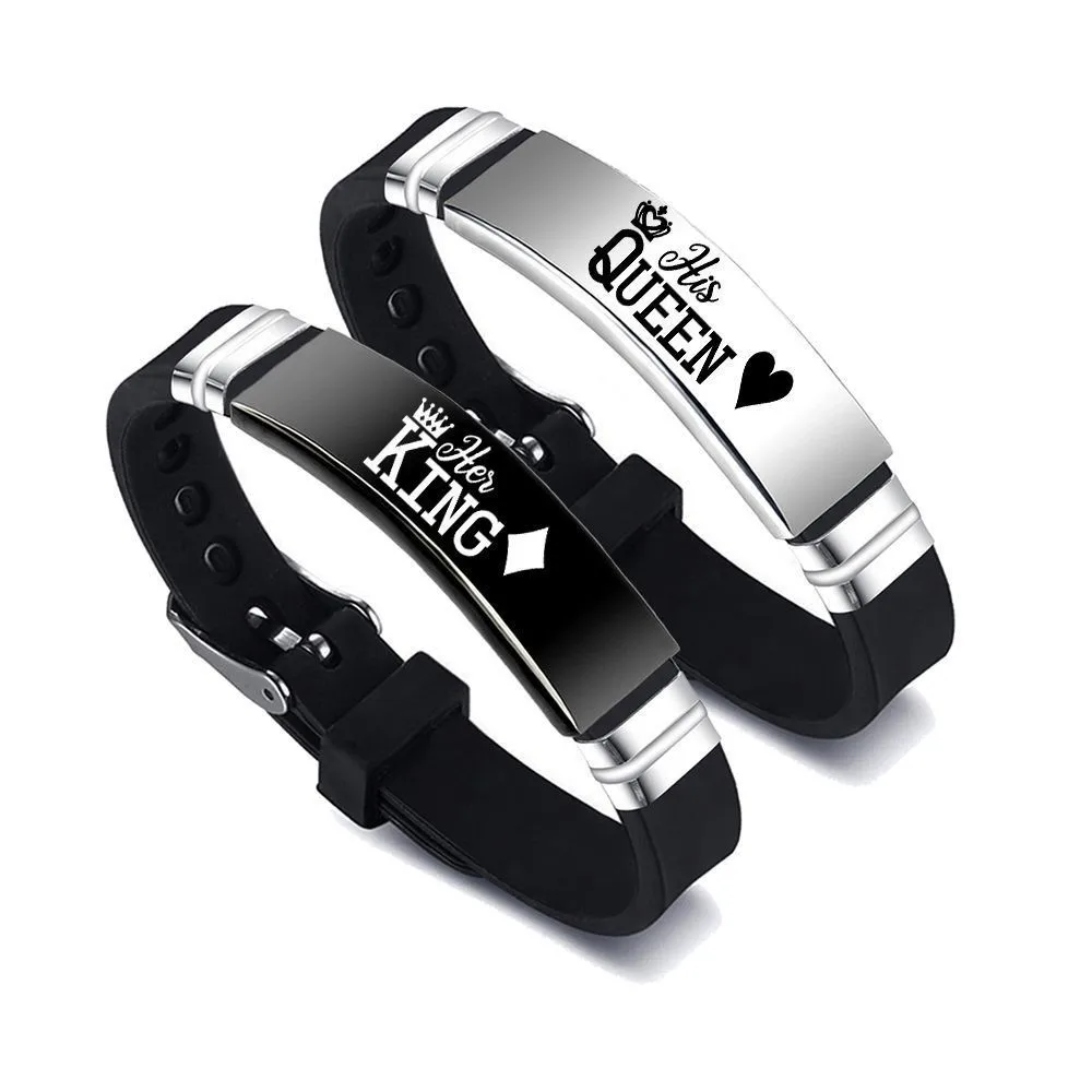 2Pcs/Set His Queen Her King Couple Bracelet Stainless Steel Adjustable Silicone Strap Bangle Valentine\'s Day Custom Jewelry Gift