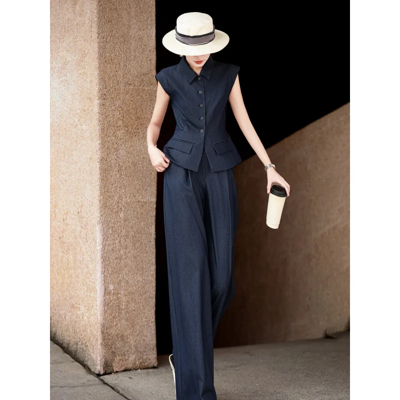 

MEXCOCO Summer New High-end Commuter Two Piece Set, Waist Cinched Vest Tank Top & Wide Leg Pants Outfit
