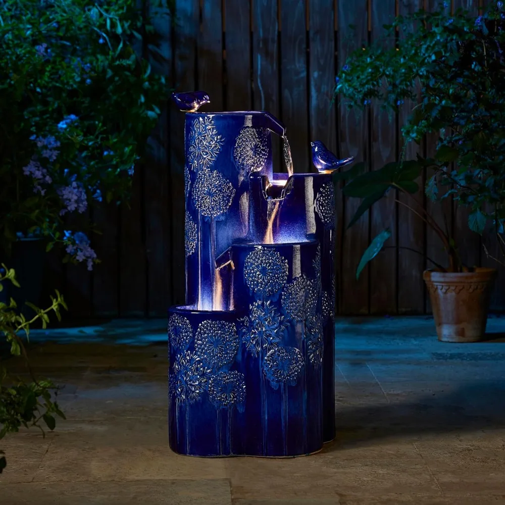 

31.75" H Outdoor Water Fountain with LED Lights and Pump, 4 Tier Dandelion Texture Vase Shaped Ceramic Floor Standing Fountain
