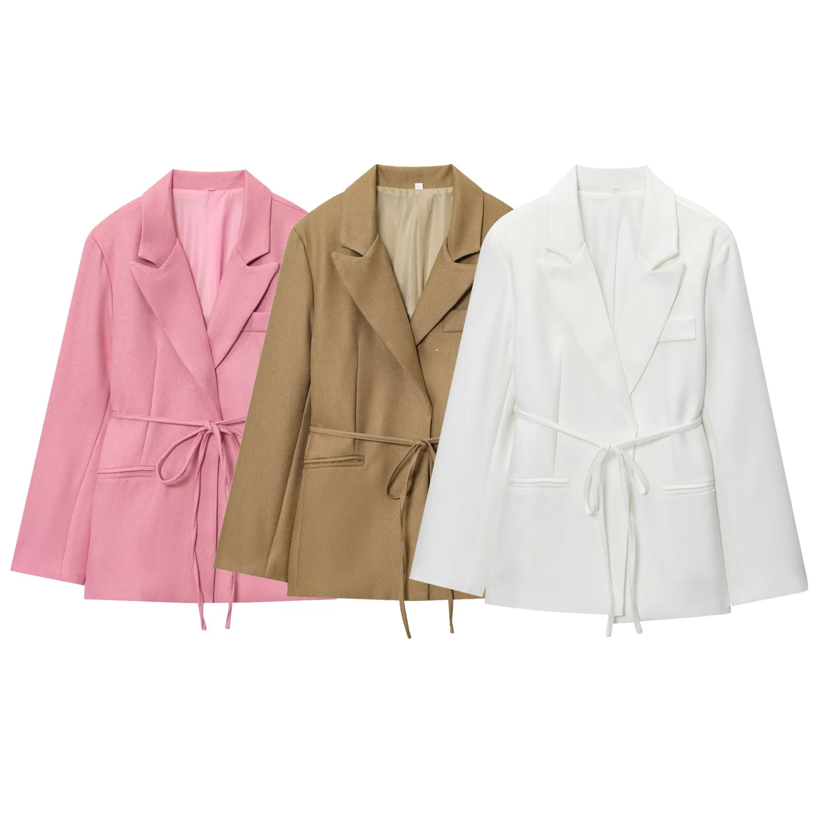 

Women's Fashion Versatile Coat Spring Work-Casual Designer Lapel Tie Blazer Simple Waist-Fitted Long Sleeve Pocket Jacket