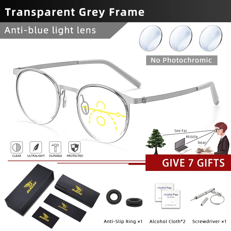 BLMUSA Vintage Round Optical Frame Anti Blue Light Reading Glasses for Men Ultralight Titanium Progressive Photochromic Glasses