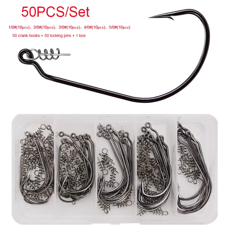 

50 Pieces/Set Fishing Bait Crank Hook Lock Needle Set Box Package Sort Lure Hook point sharp Fishing Accessories